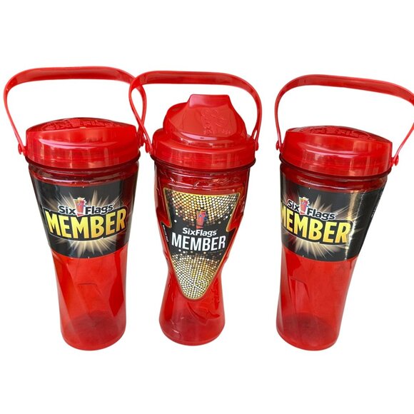 Set of 3 Go Big Go Six Flags Member Red 18-20 oz. Plastic Tumblers w/Top Handle - Picture 1 of 13
